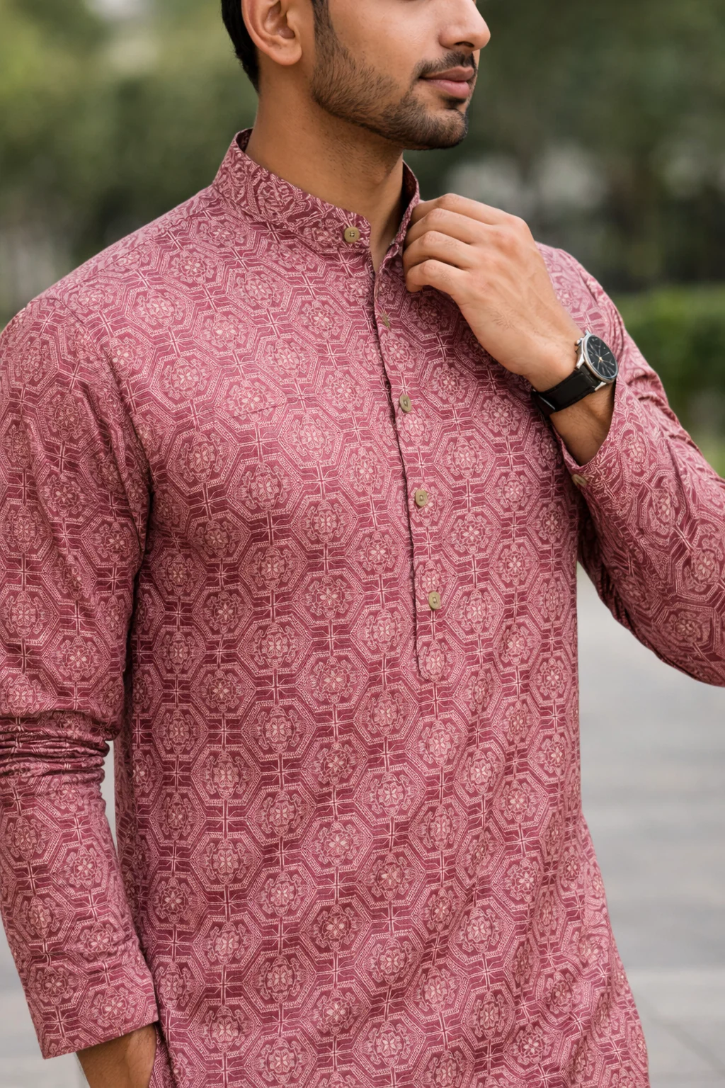 Ayaan Patterned Panjabi in Rosewood - Image 3