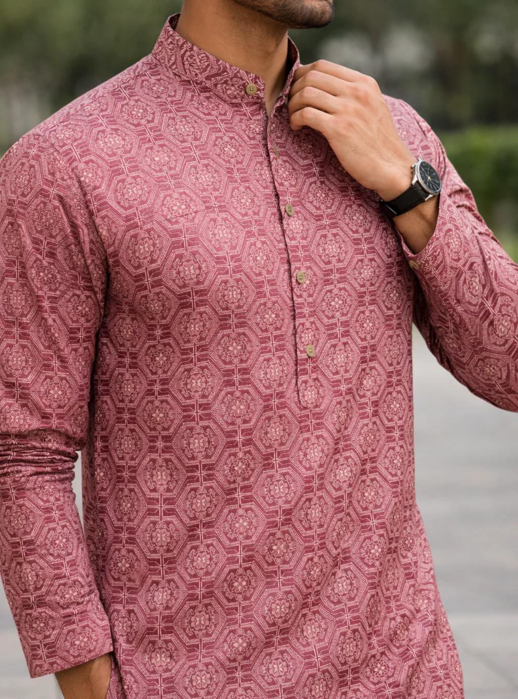 Ayaan Patterned Panjabi in Rosewood - Image 4