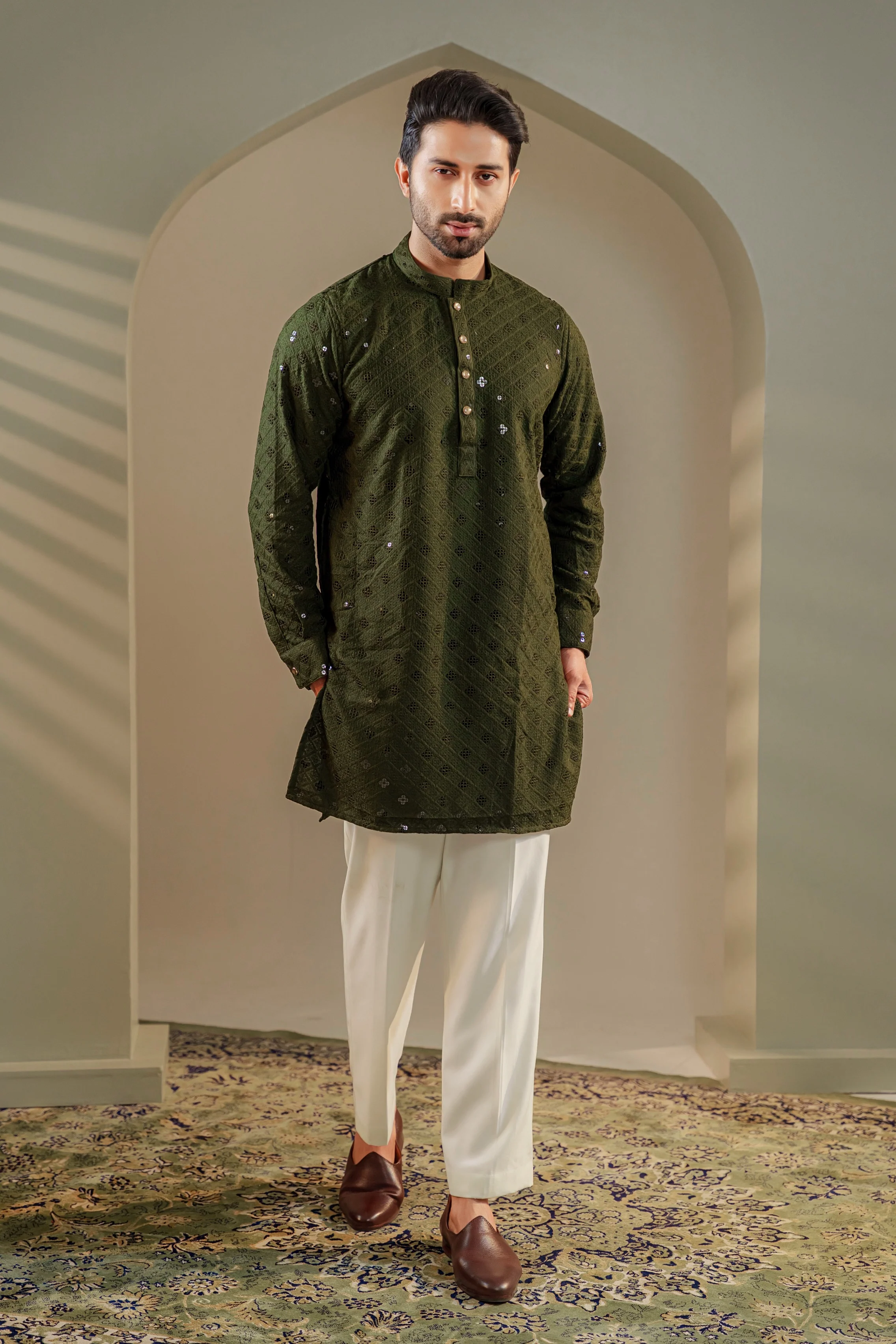 Ayaaz Embroidered Panjabi – Olive Green - Image 4