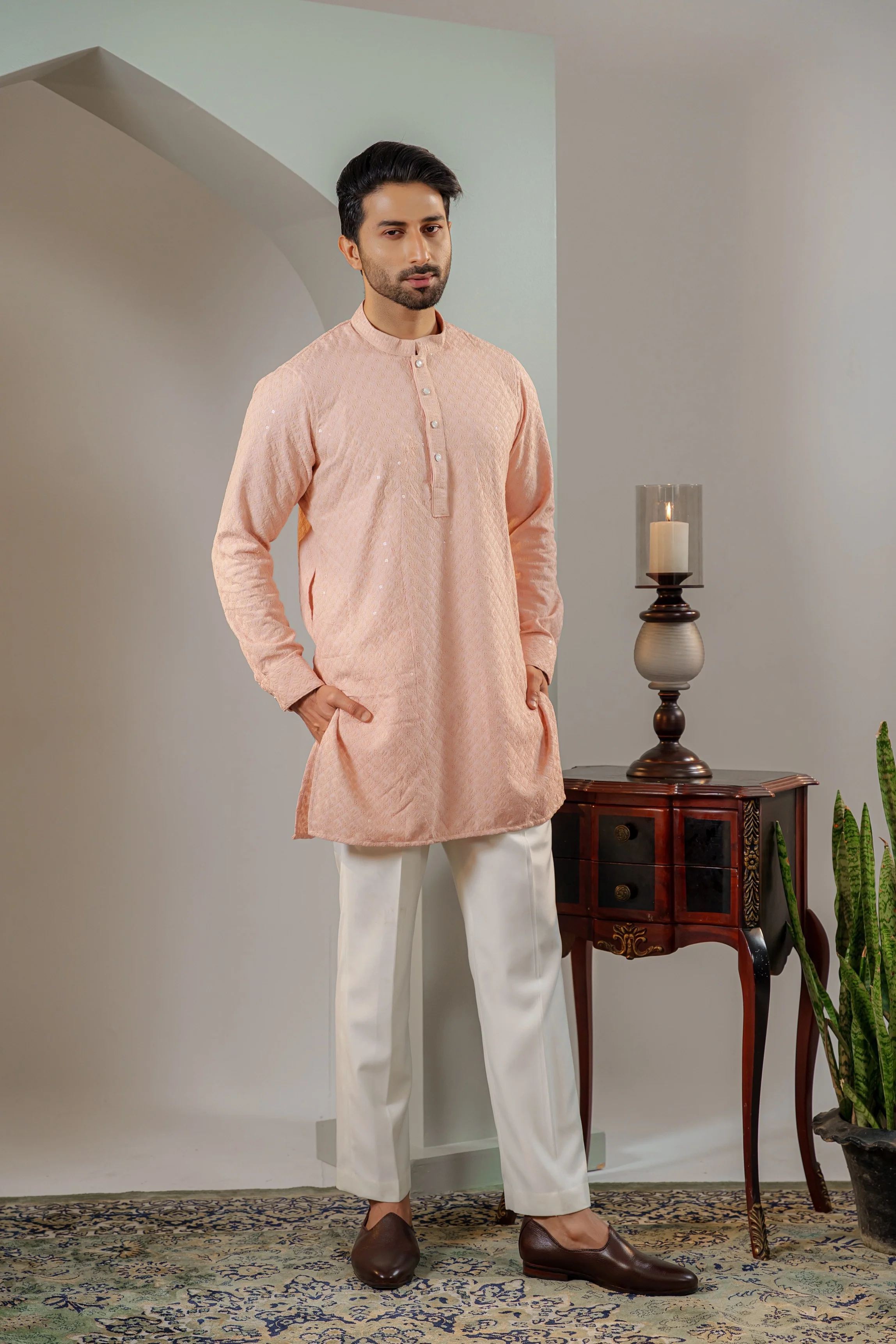 Ayaaz Embroidered Panjabi – Peach - Image 4