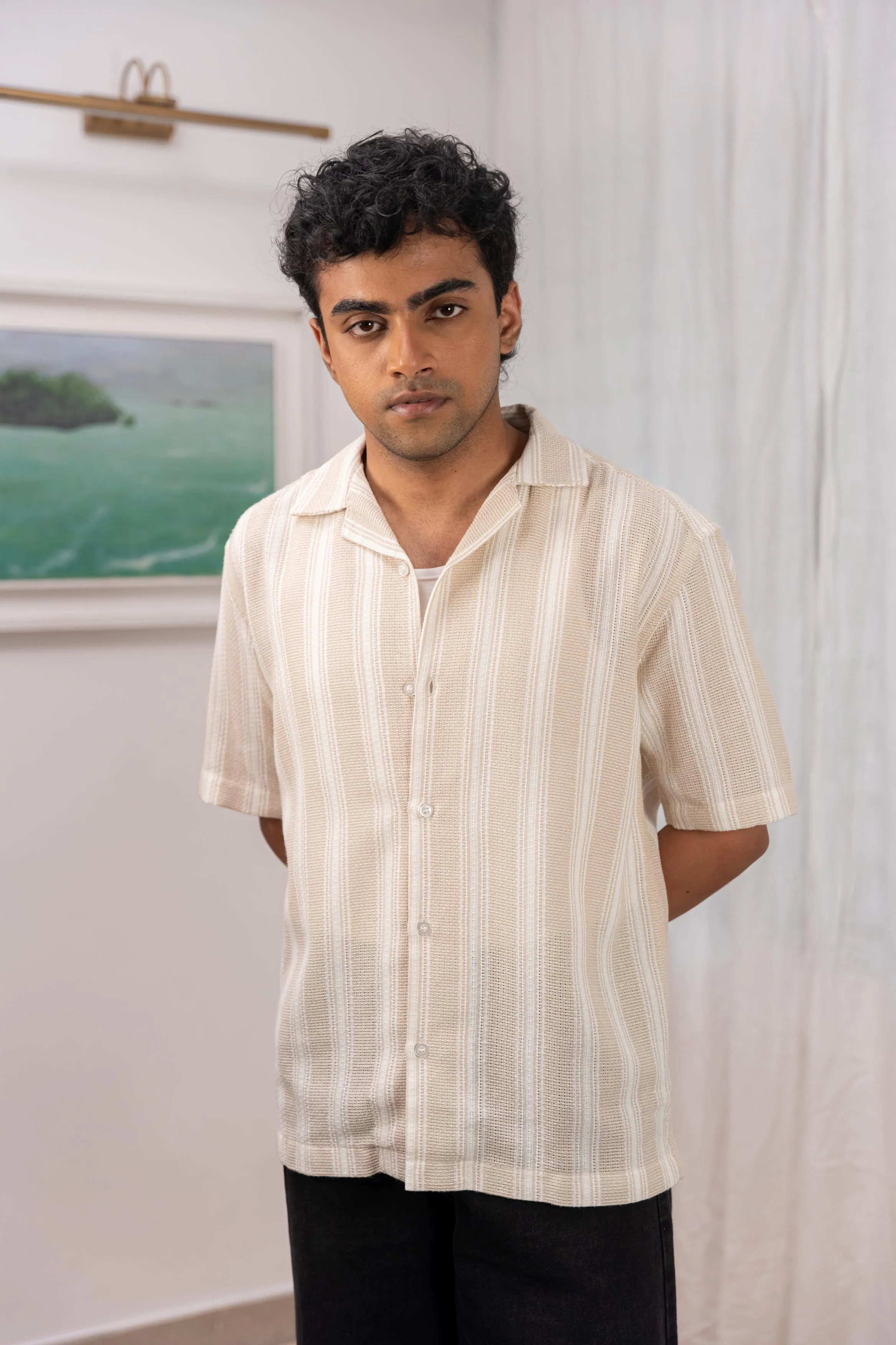 Beige Striped Cuban Shirt