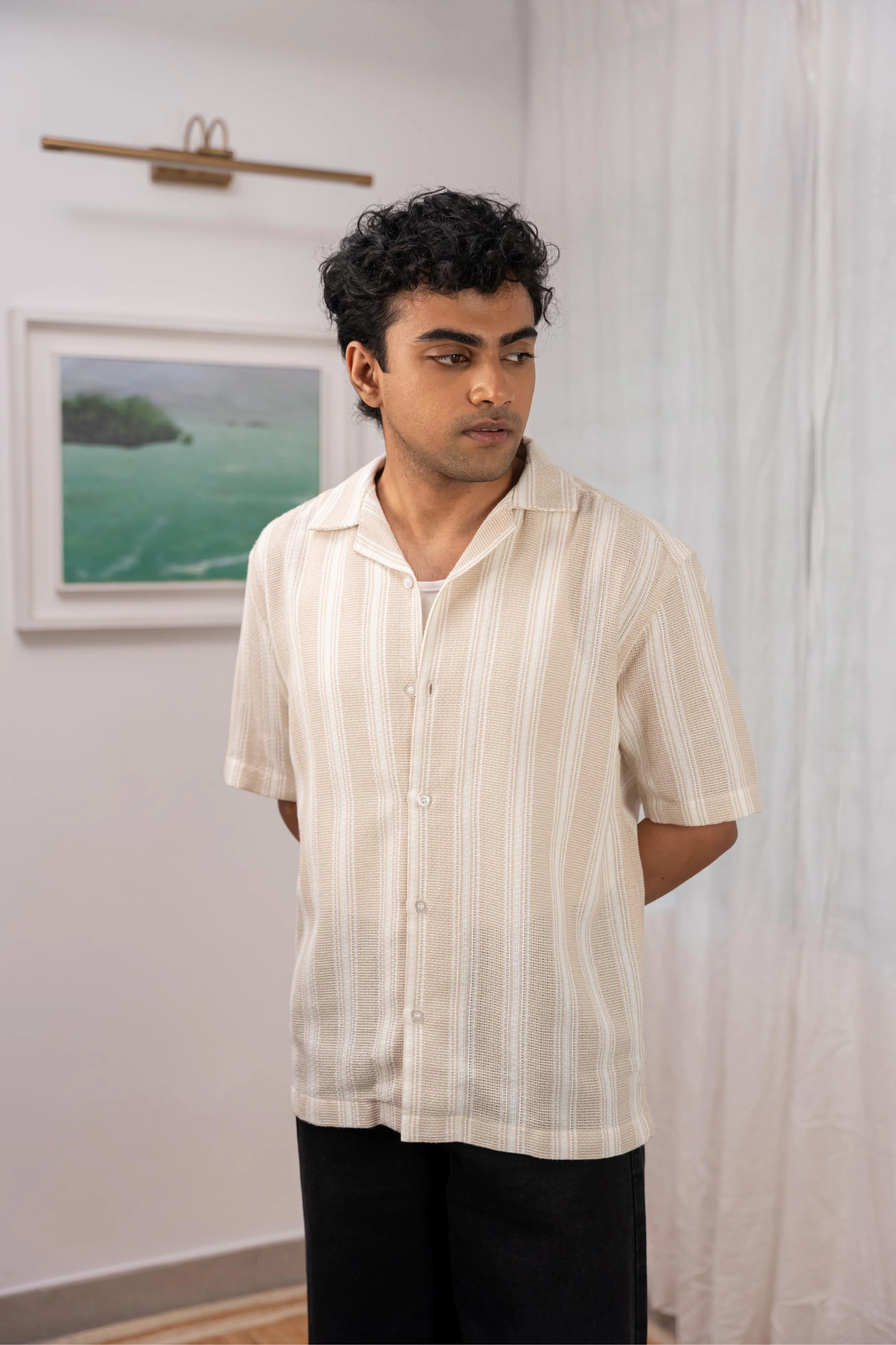 Beige Striped Cuban Shirt - Image 3