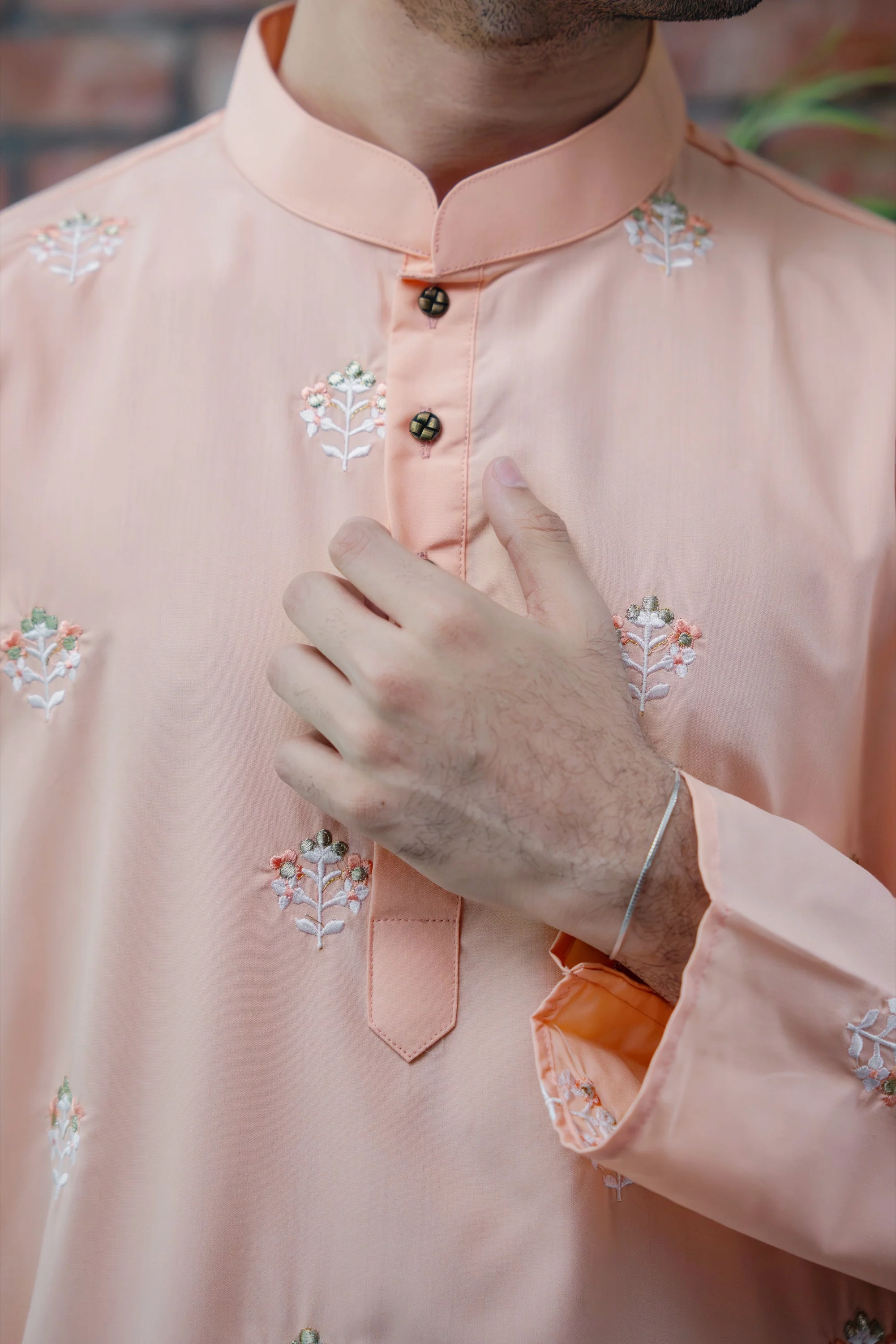 Emir Embroidered Panjabi in Apricot - Image 5