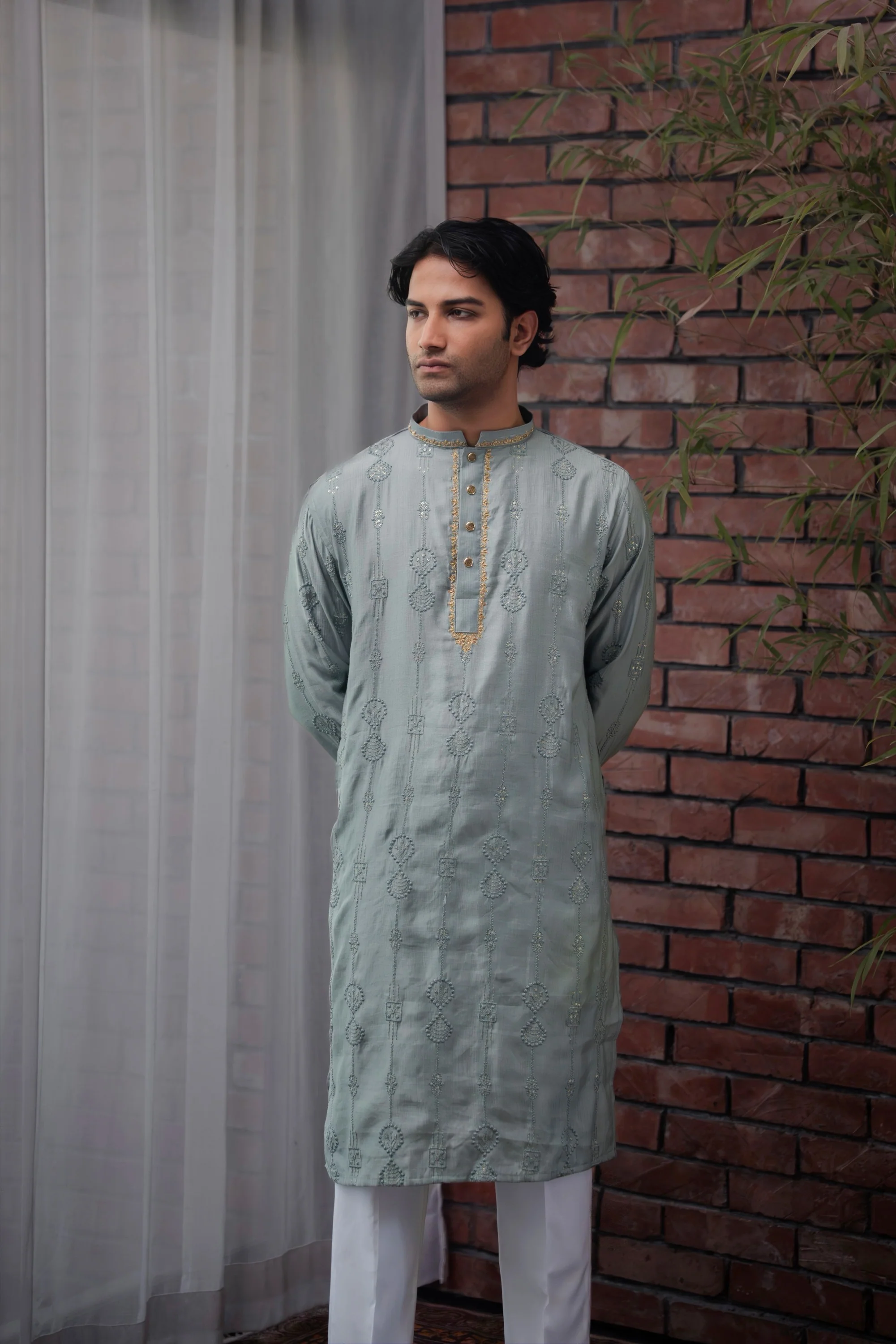 Nayab Embroidered Panjabi in Steel Blue - Image 3