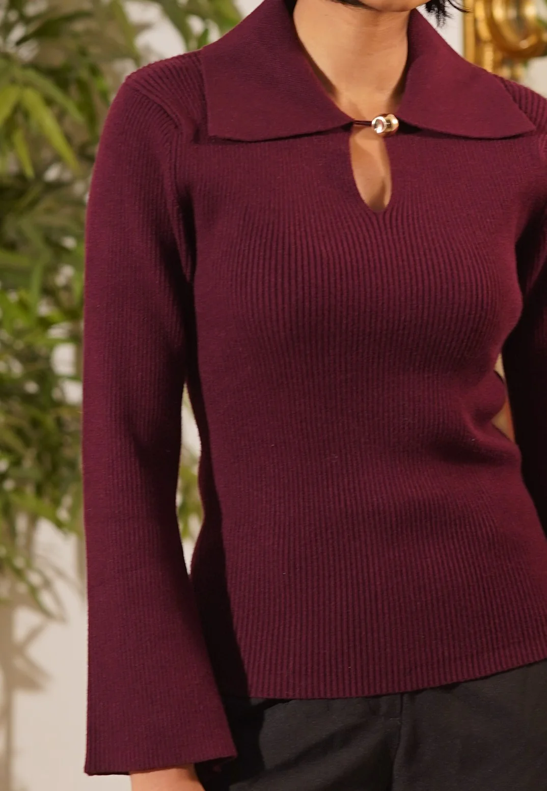 Gabriella Dark Maroon Polo with Gold Button - Image 3