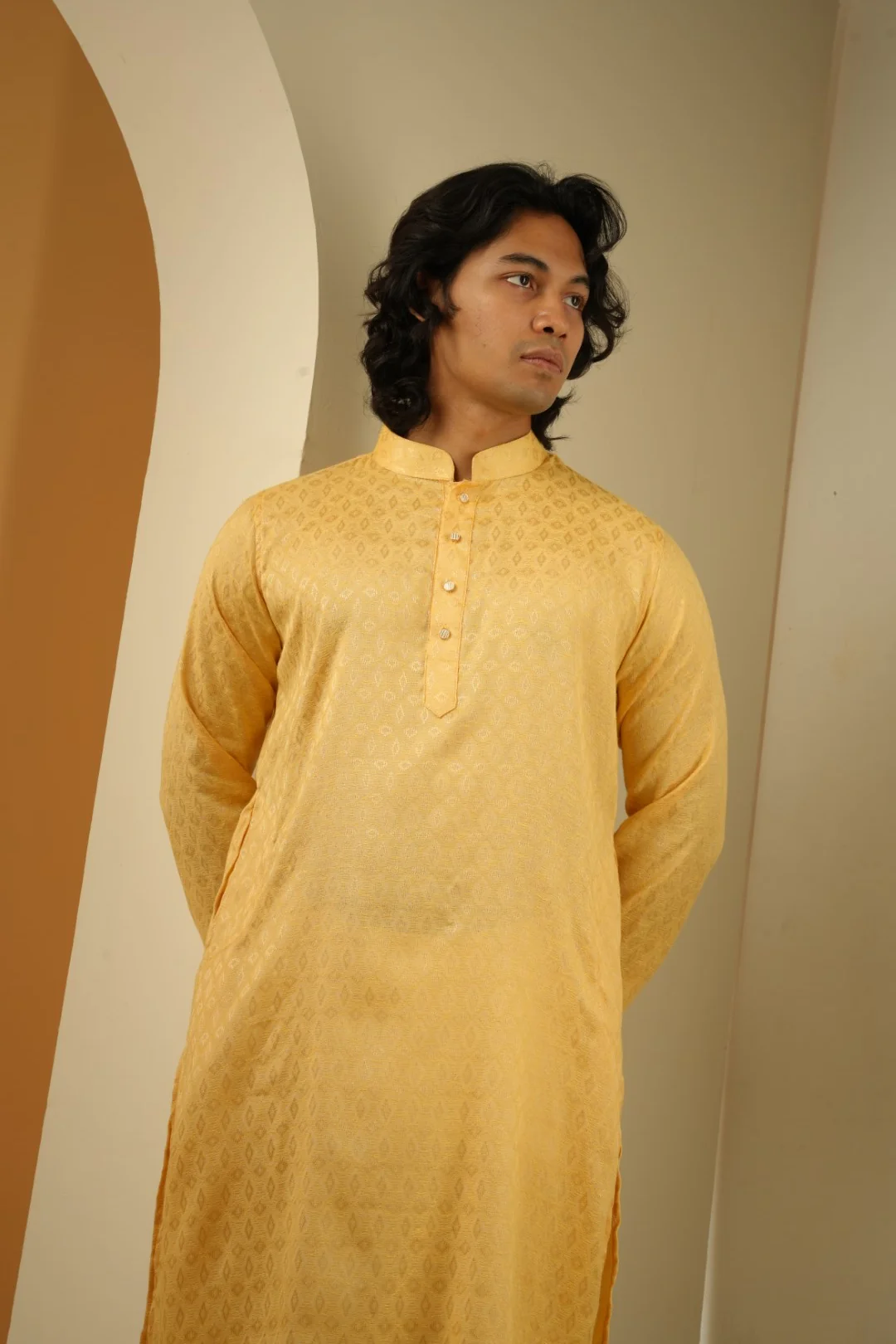 Nahyan Jacquard Panjabi in Matte Gold - Image 4
