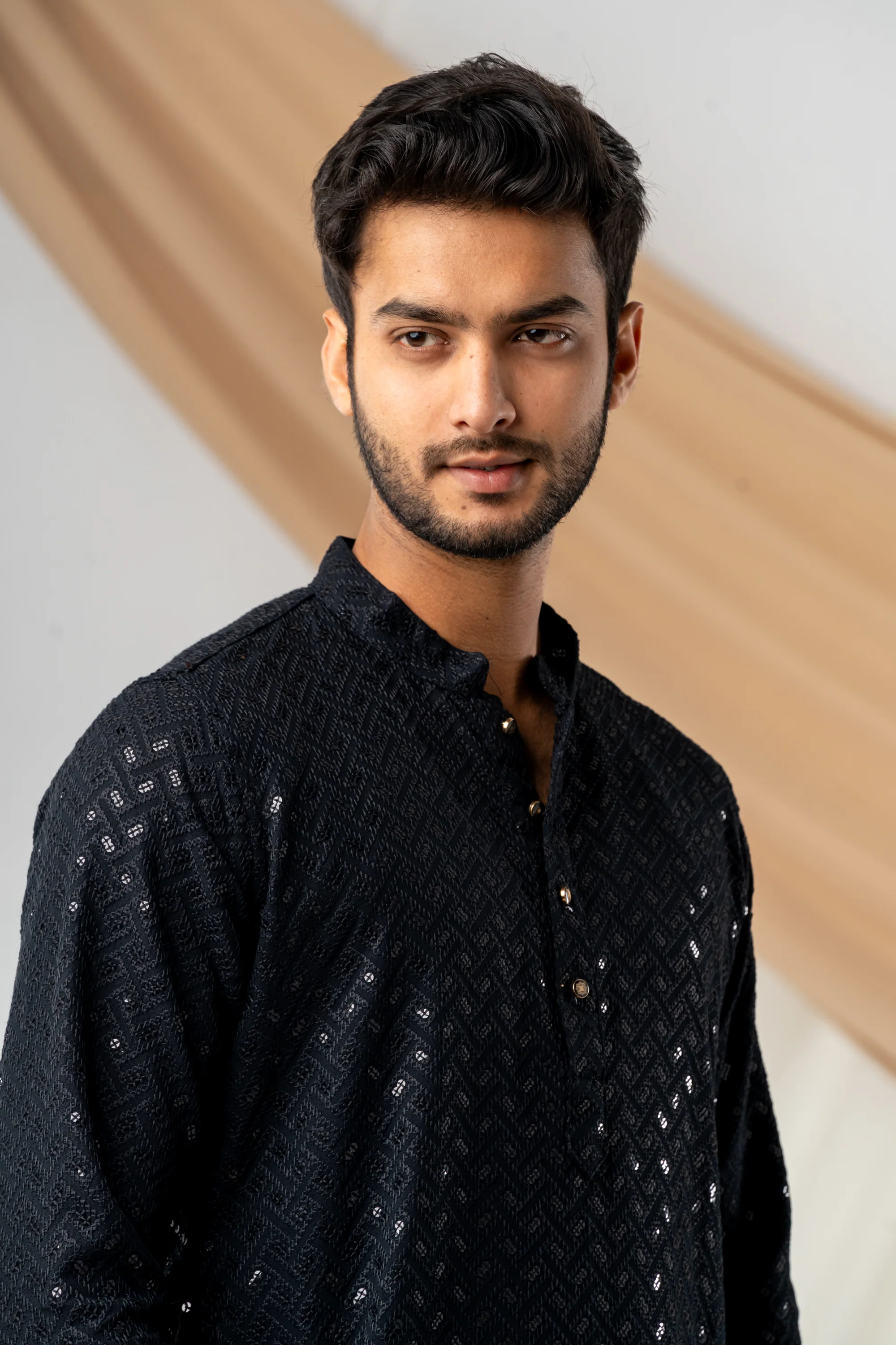 Feisal Embroidered Punjabi in Jet Black - Image 3