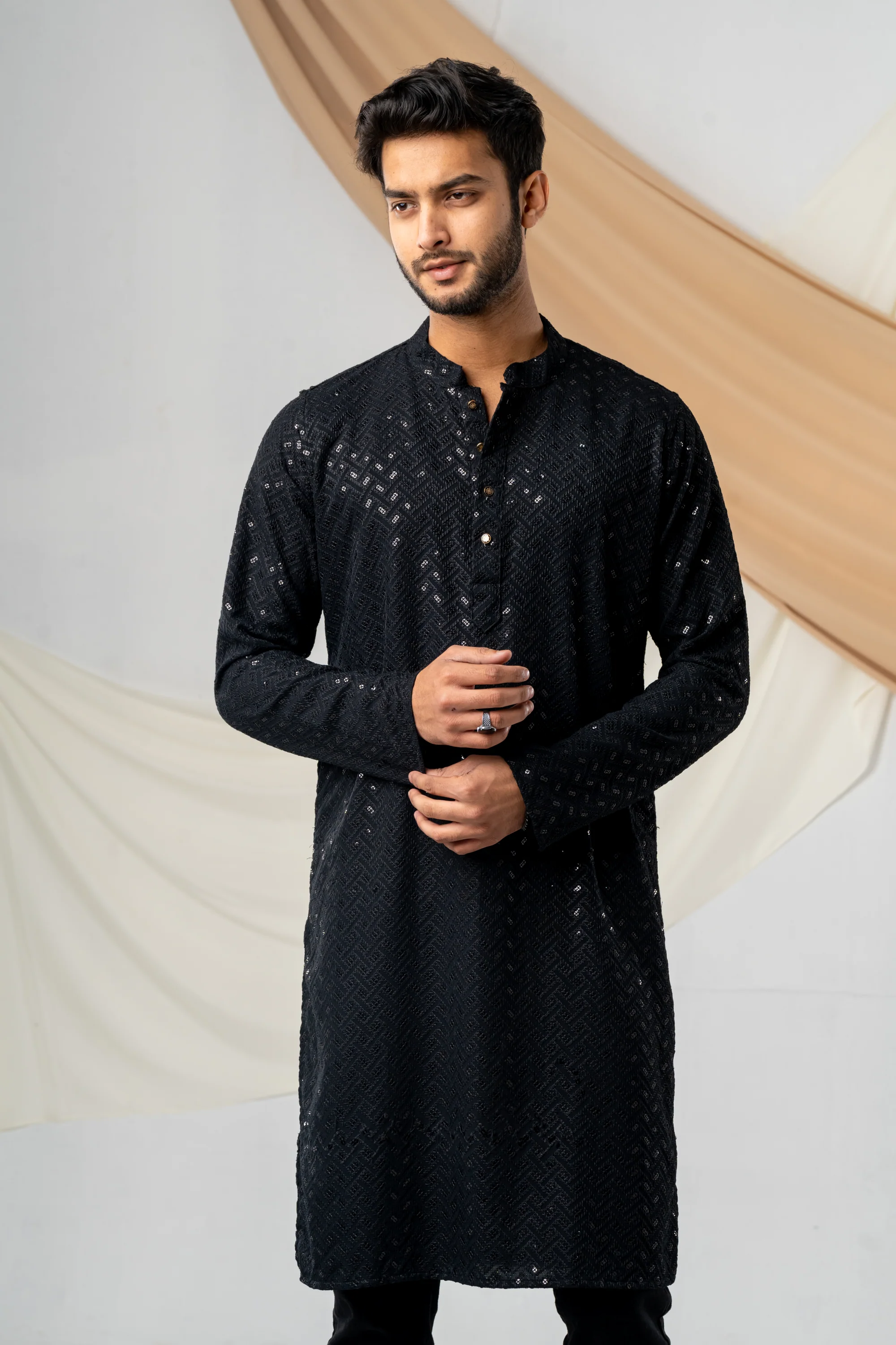 Feisal Embroidered Punjabi in Jet Black - Image 4