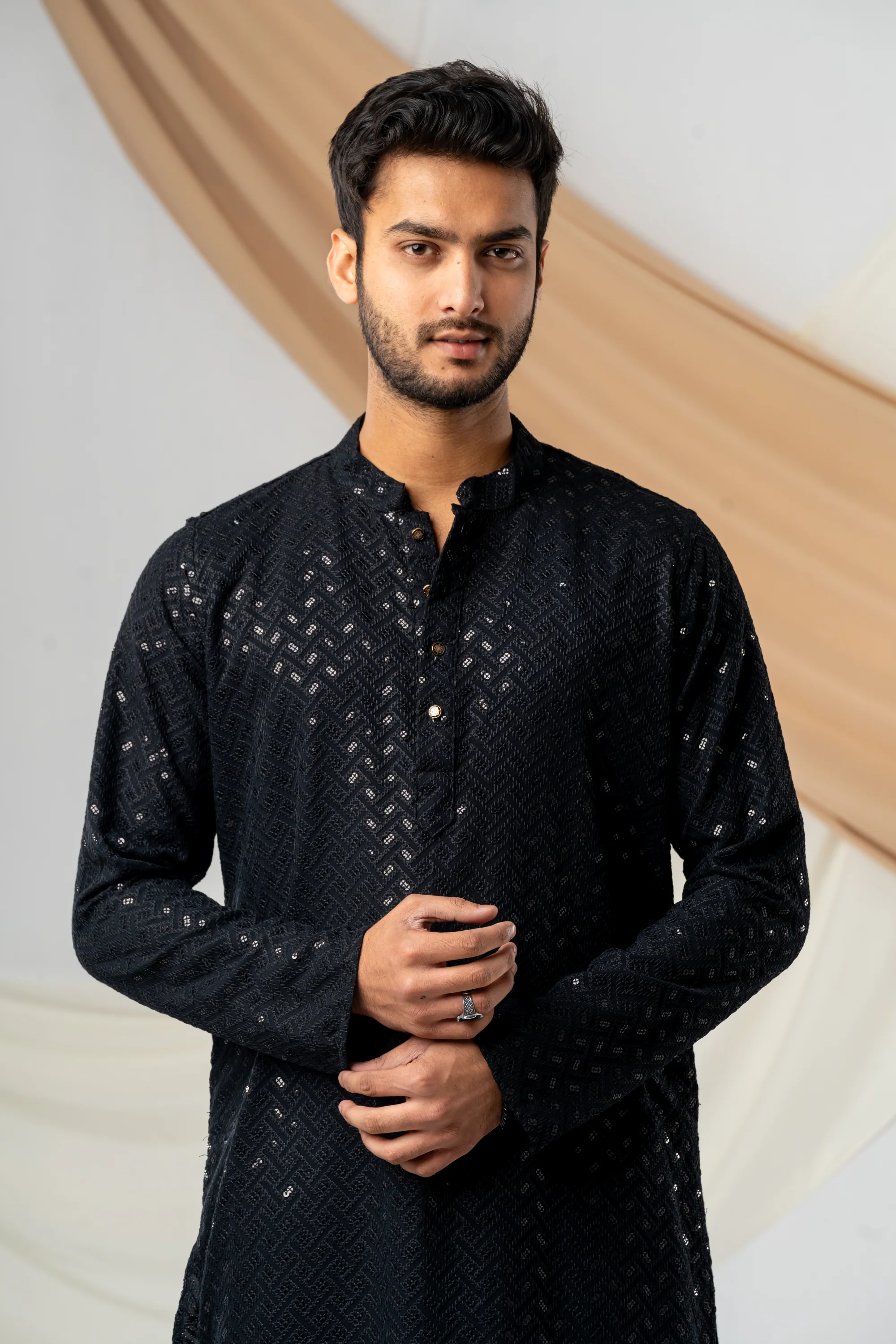 Feisal Embroidered Punjabi in Jet Black - Image 5