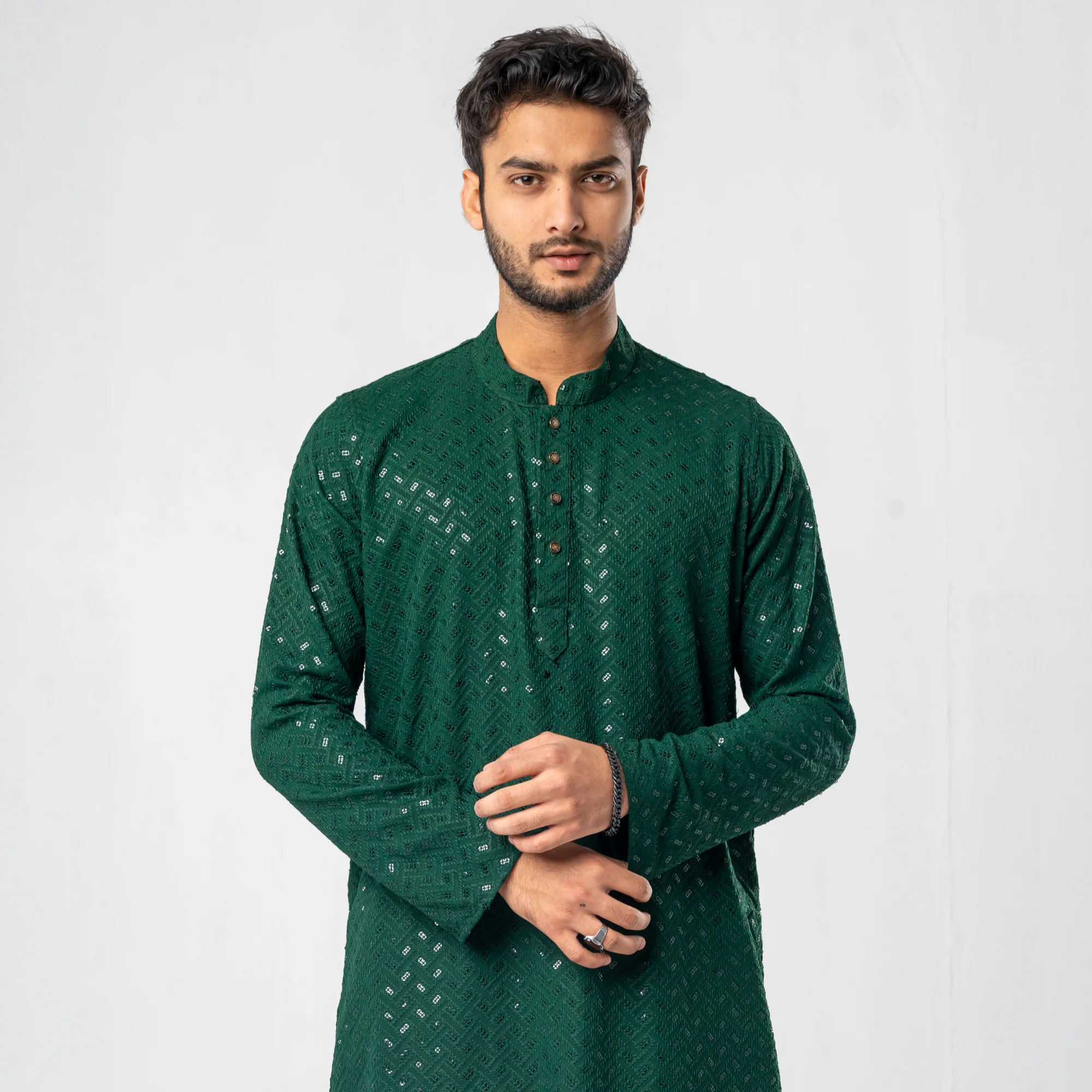 Feisal Embroidered Punjabi in Emerald Green - Image 3