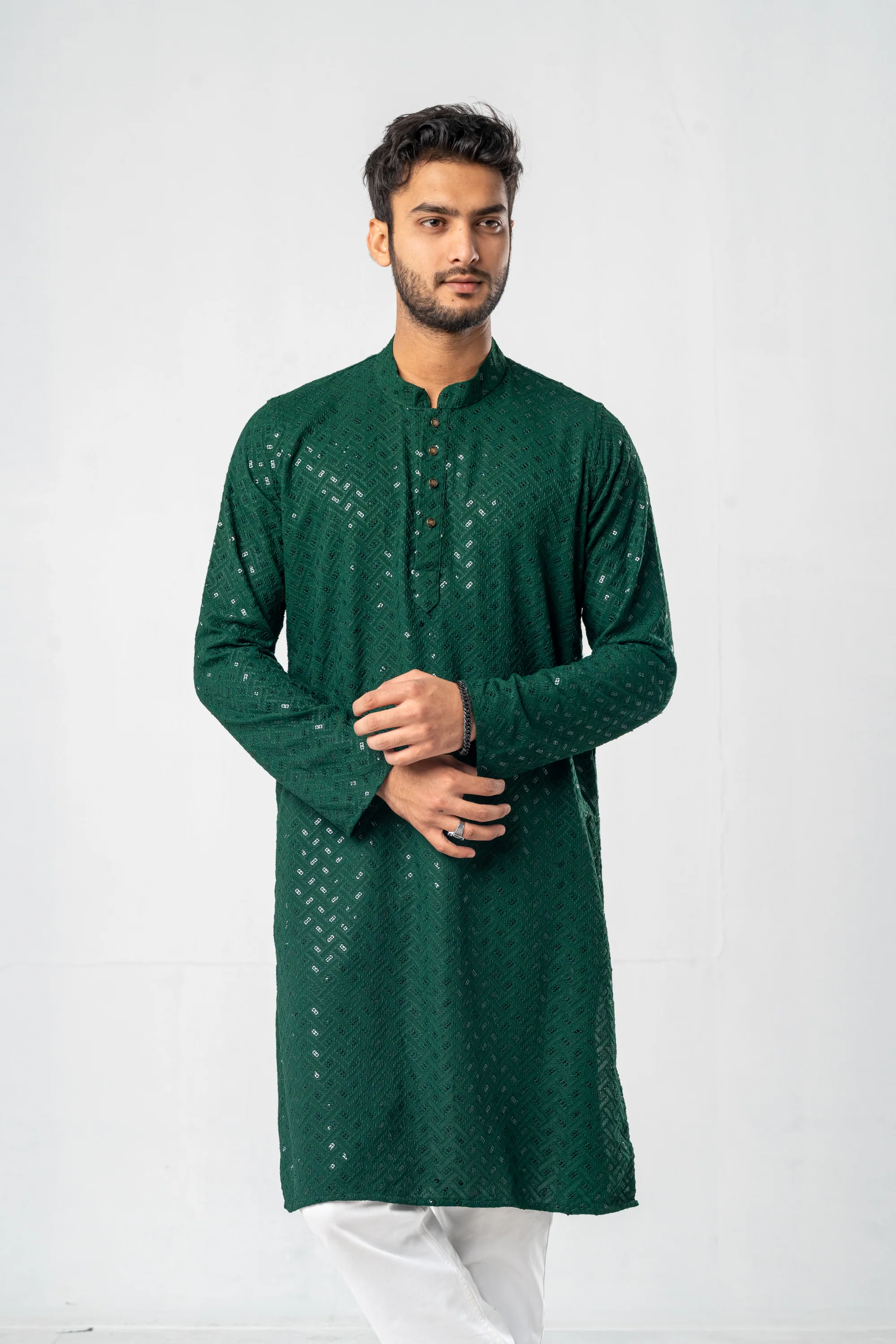Feisal Embroidered Punjabi in Emerald Green - Image 4