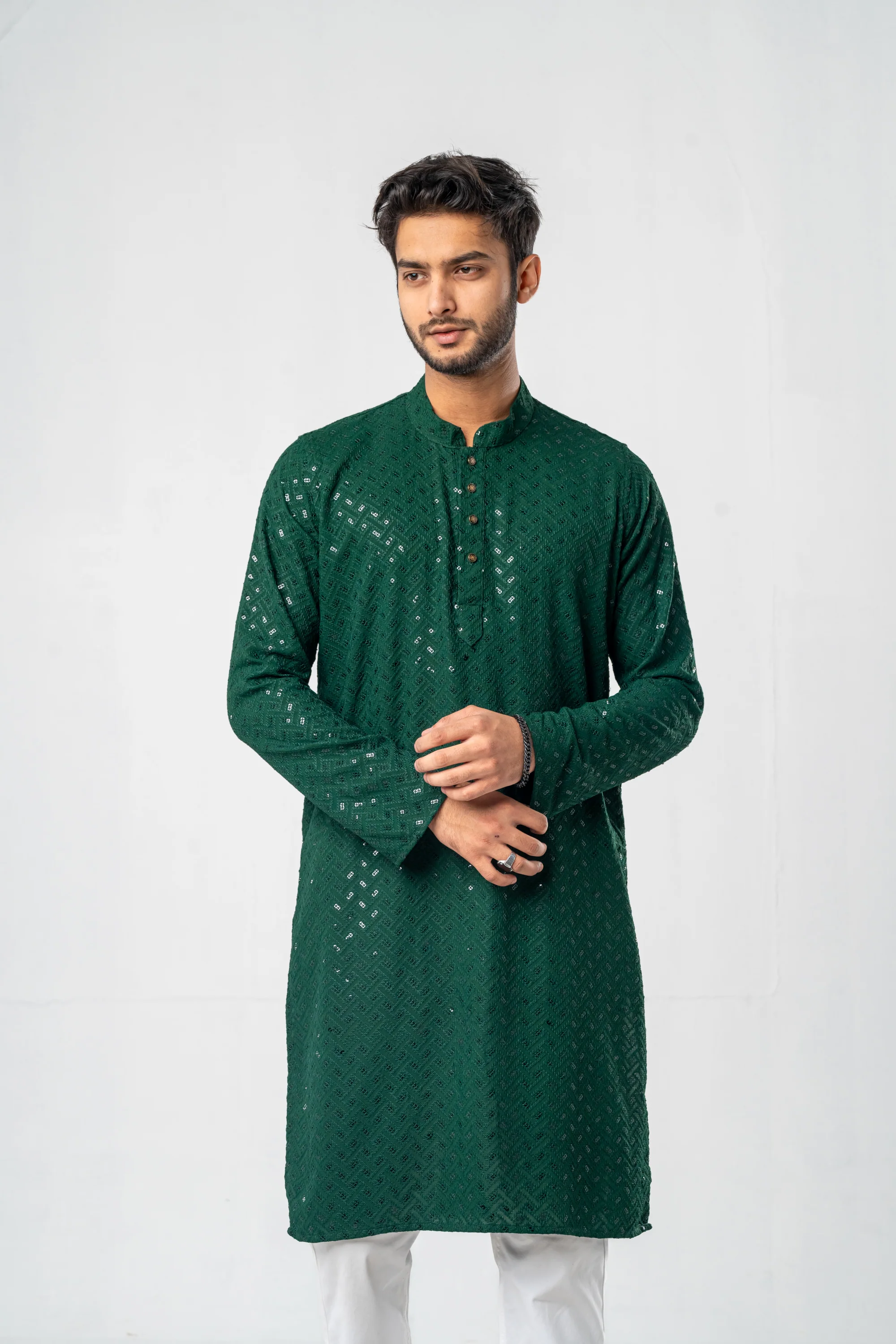 Feisal Embroidered Punjabi in Emerald Green - Image 5