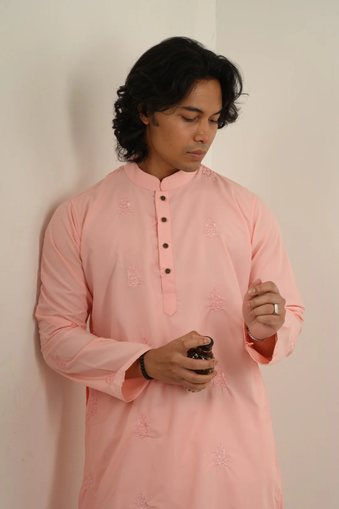 Raed Embroidered Panjabi in Pink - Image 3