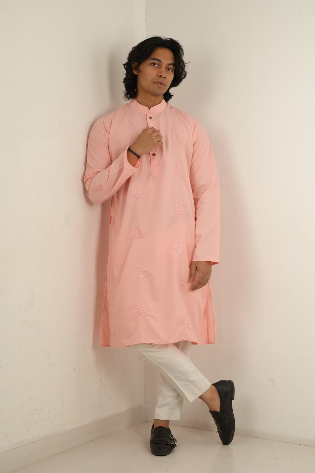 Raed Embroidered Panjabi in Pink - Image 4