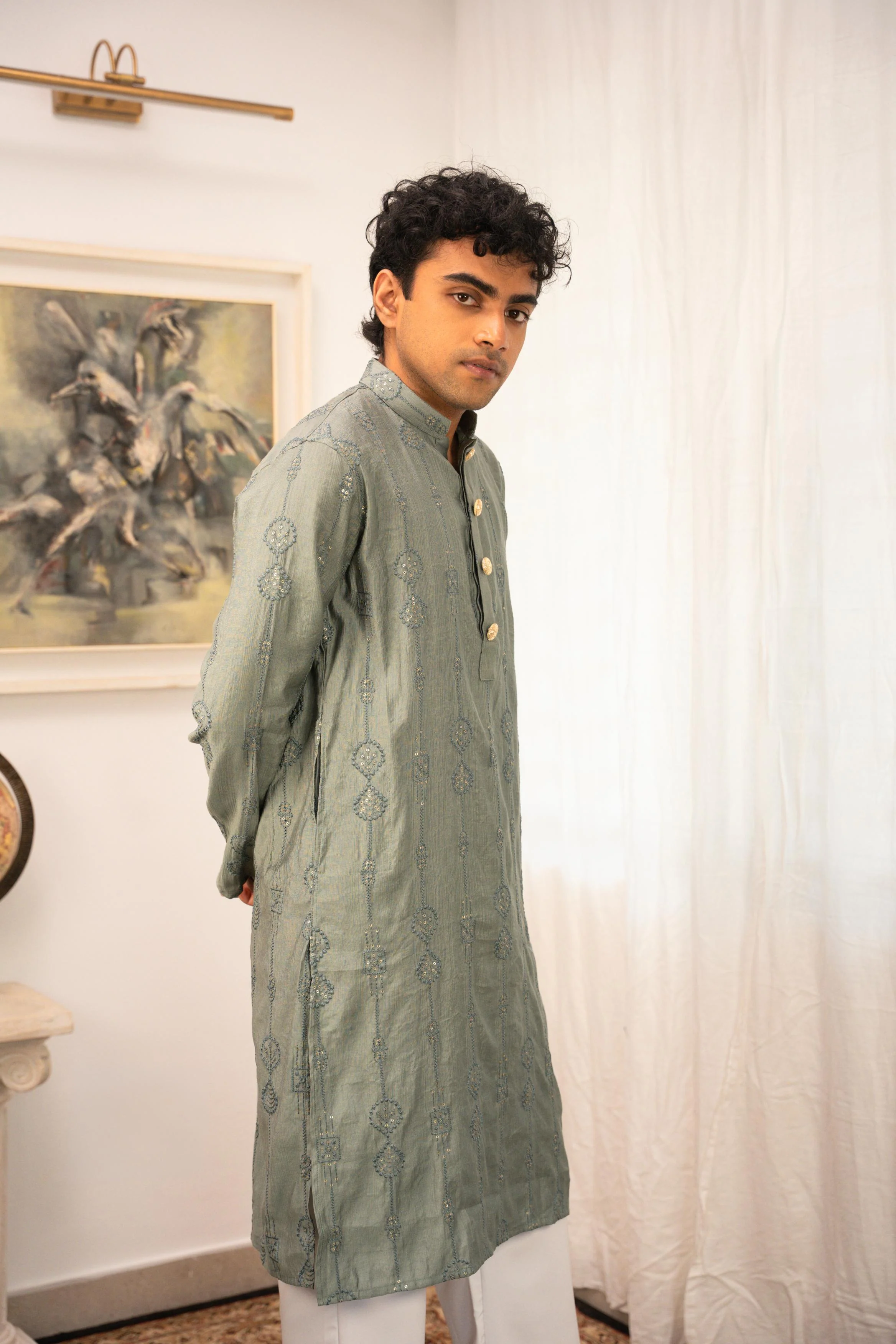 Rehman Embroidered Green Panjabi with Gold Buttons - Image 3
