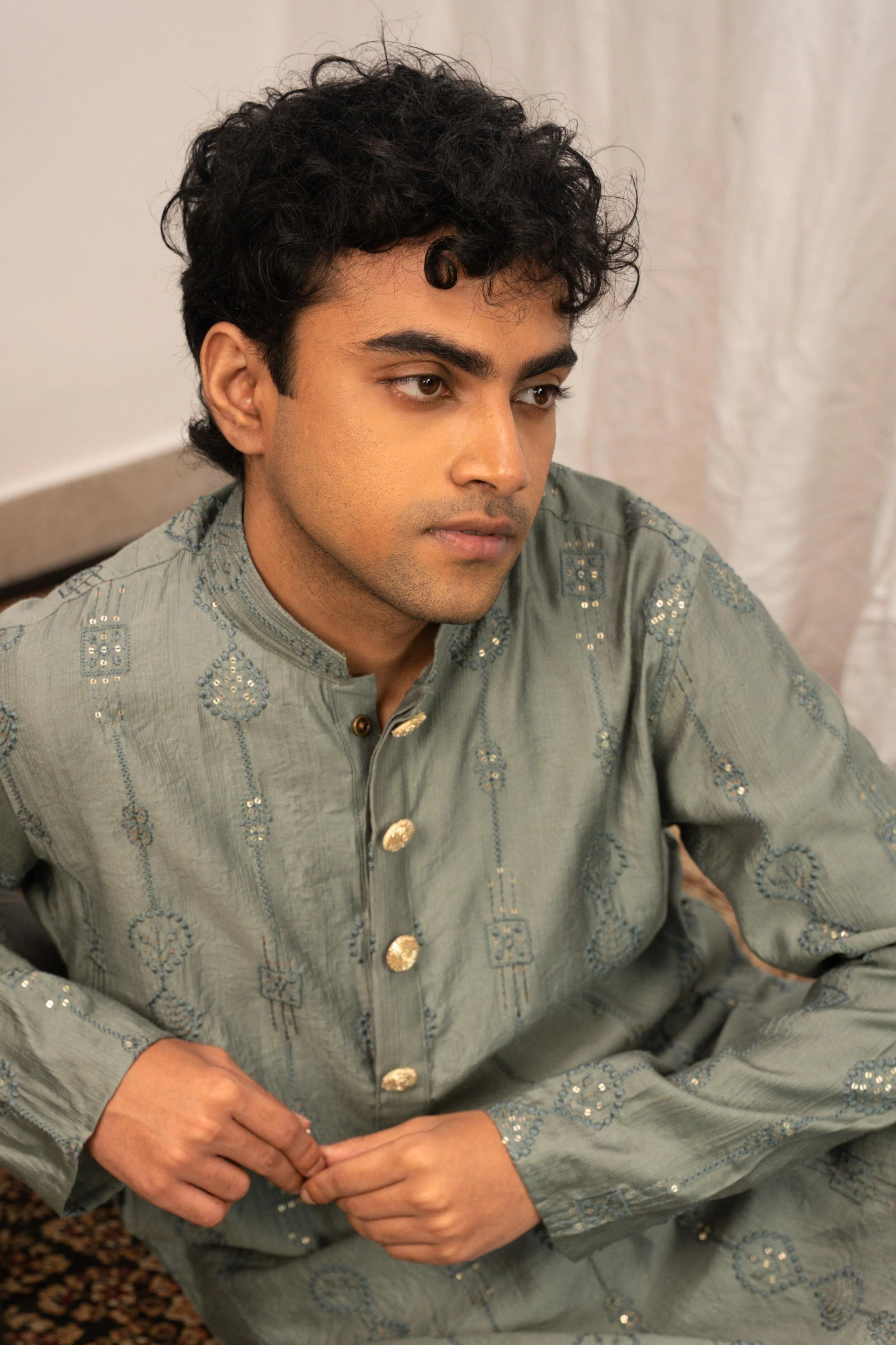 Rehman Embroidered Green Panjabi with Gold Buttons - Image 4