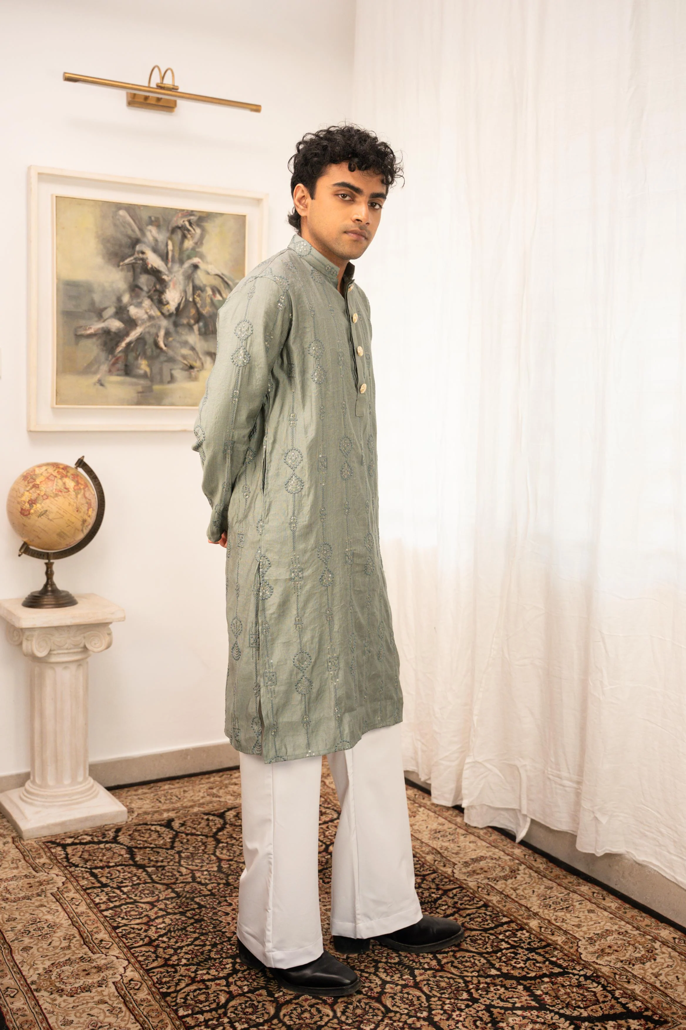 Rehman Embroidered Green Panjabi with Gold Buttons - Image 5