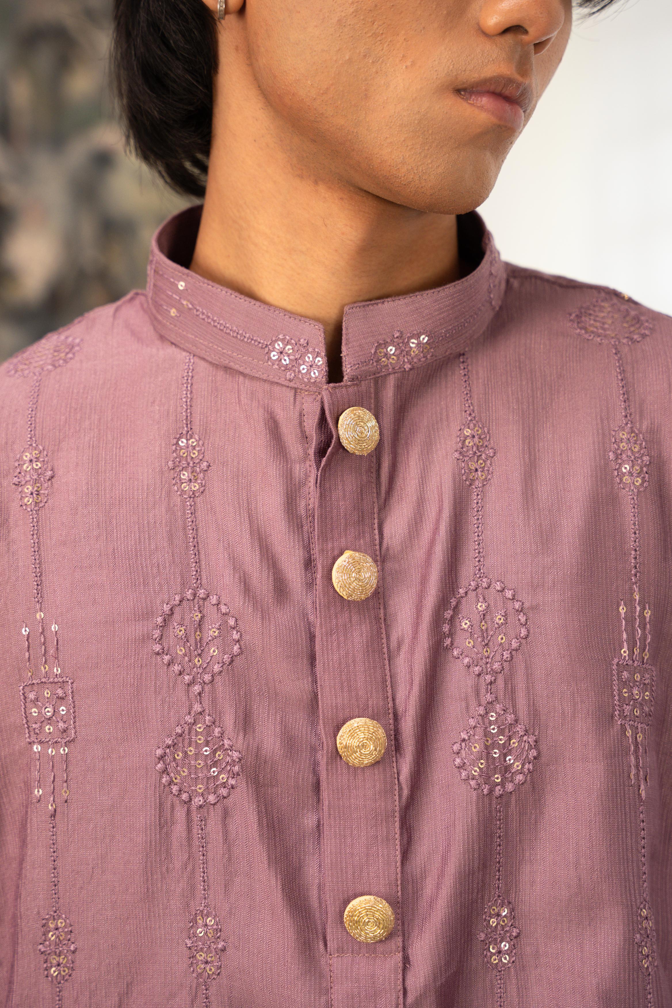 Rehman Embroidered Mauve Panjabi with Gold Buttons - Image 2