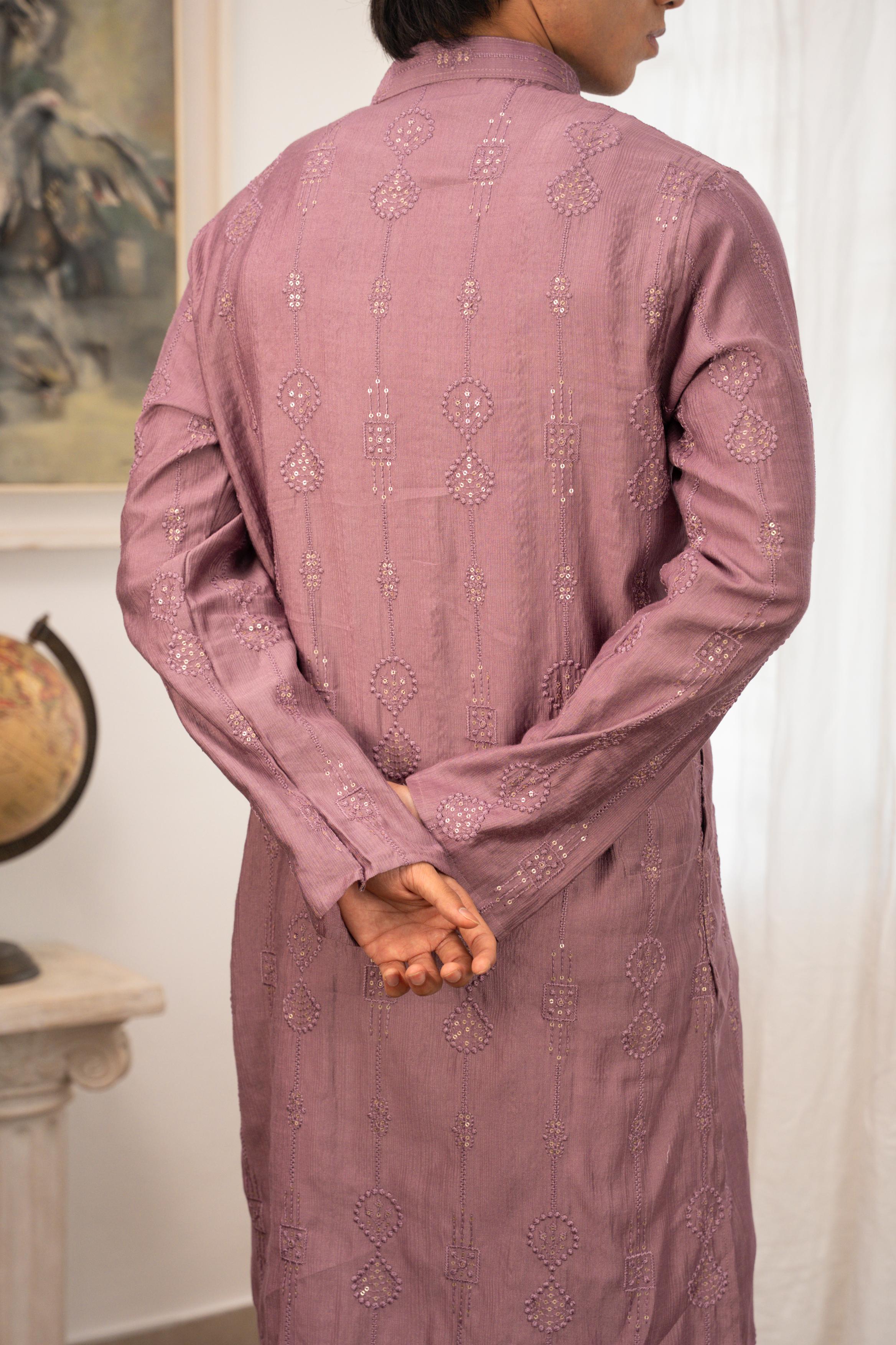 Rehman Embroidered Mauve Panjabi with Gold Buttons - Image 4