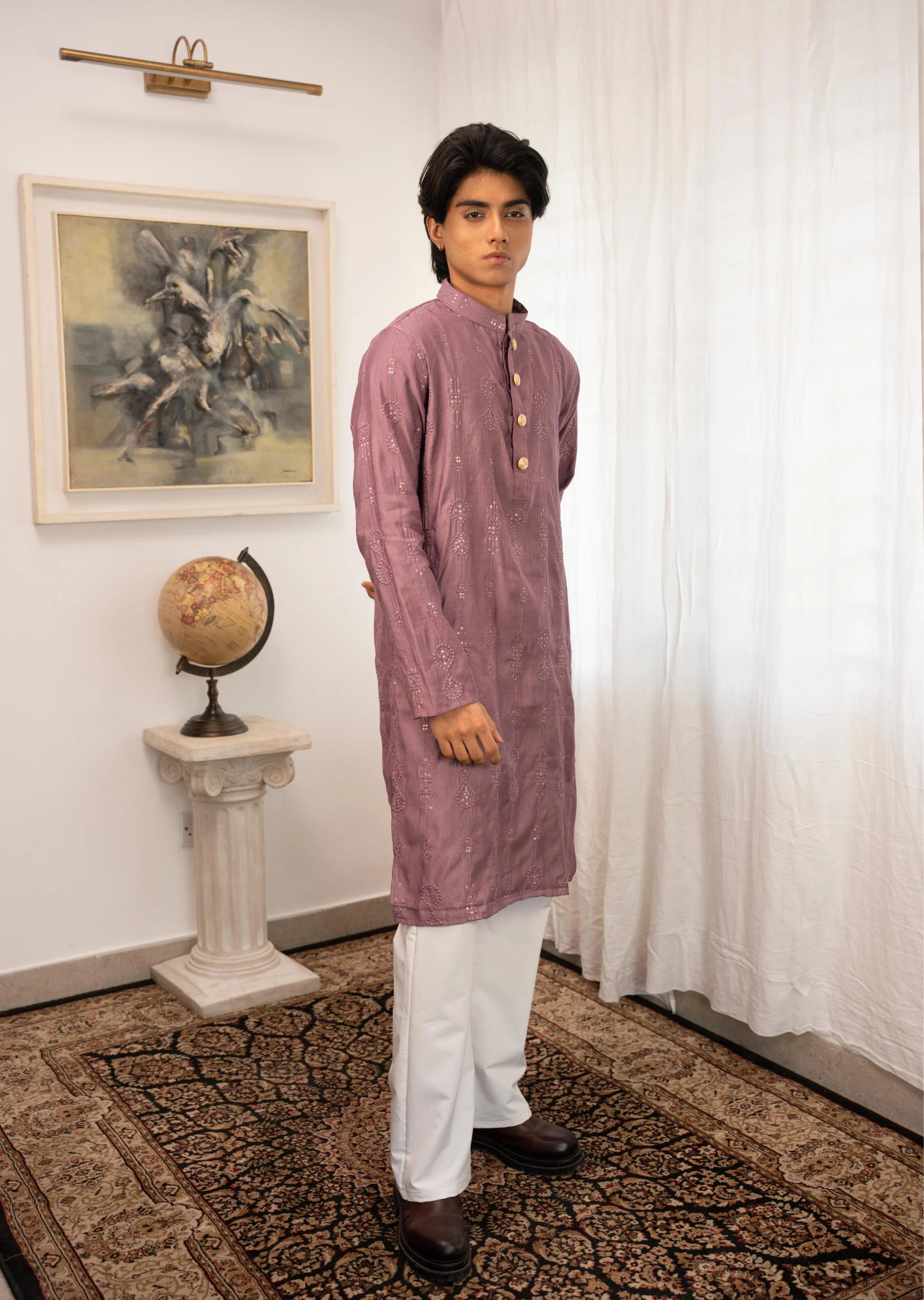 Rehman Embroidered Mauve Panjabi with Gold Buttons - Image 5