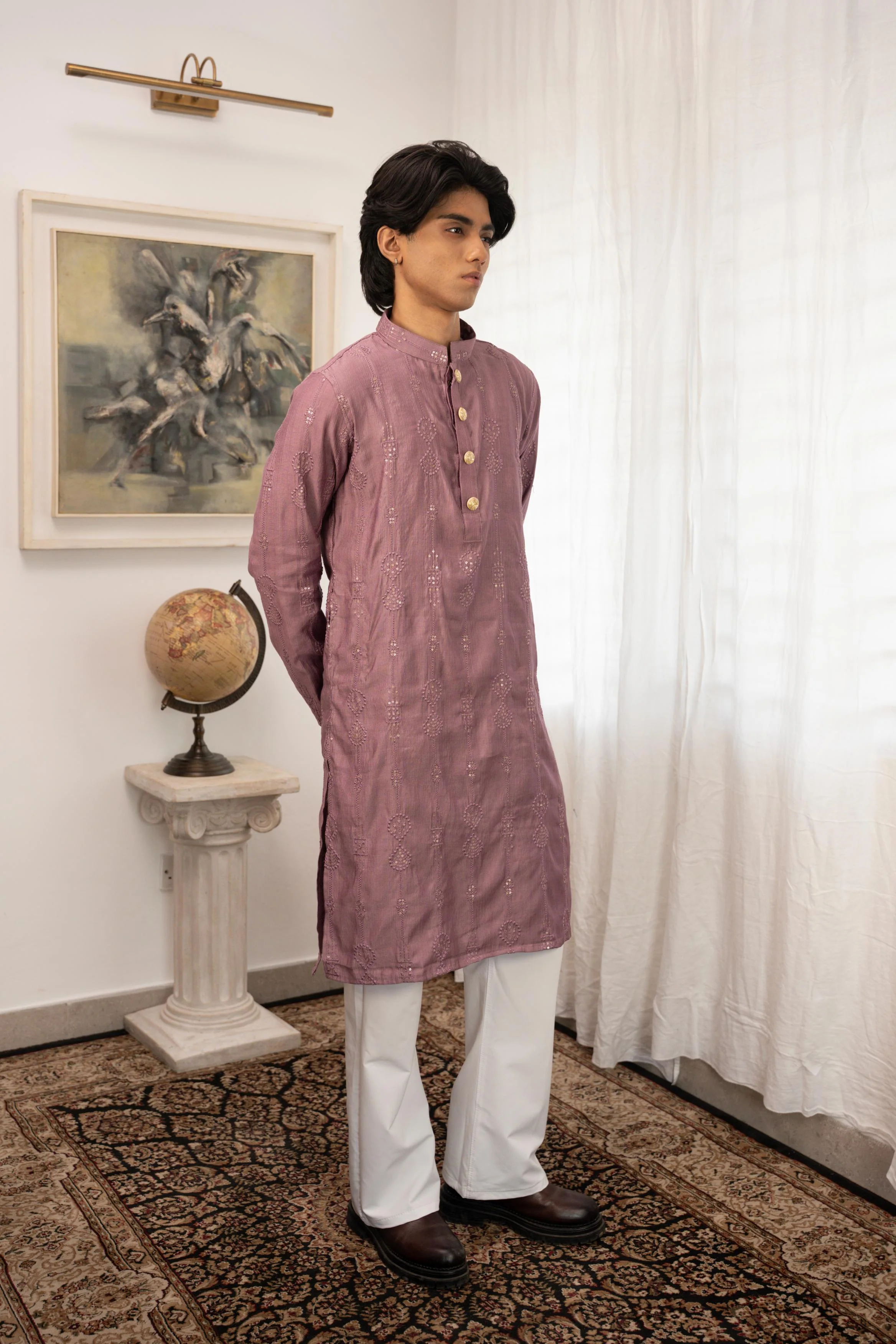 Rehman Embroidered Mauve Panjabi with Gold Buttons - Image 6