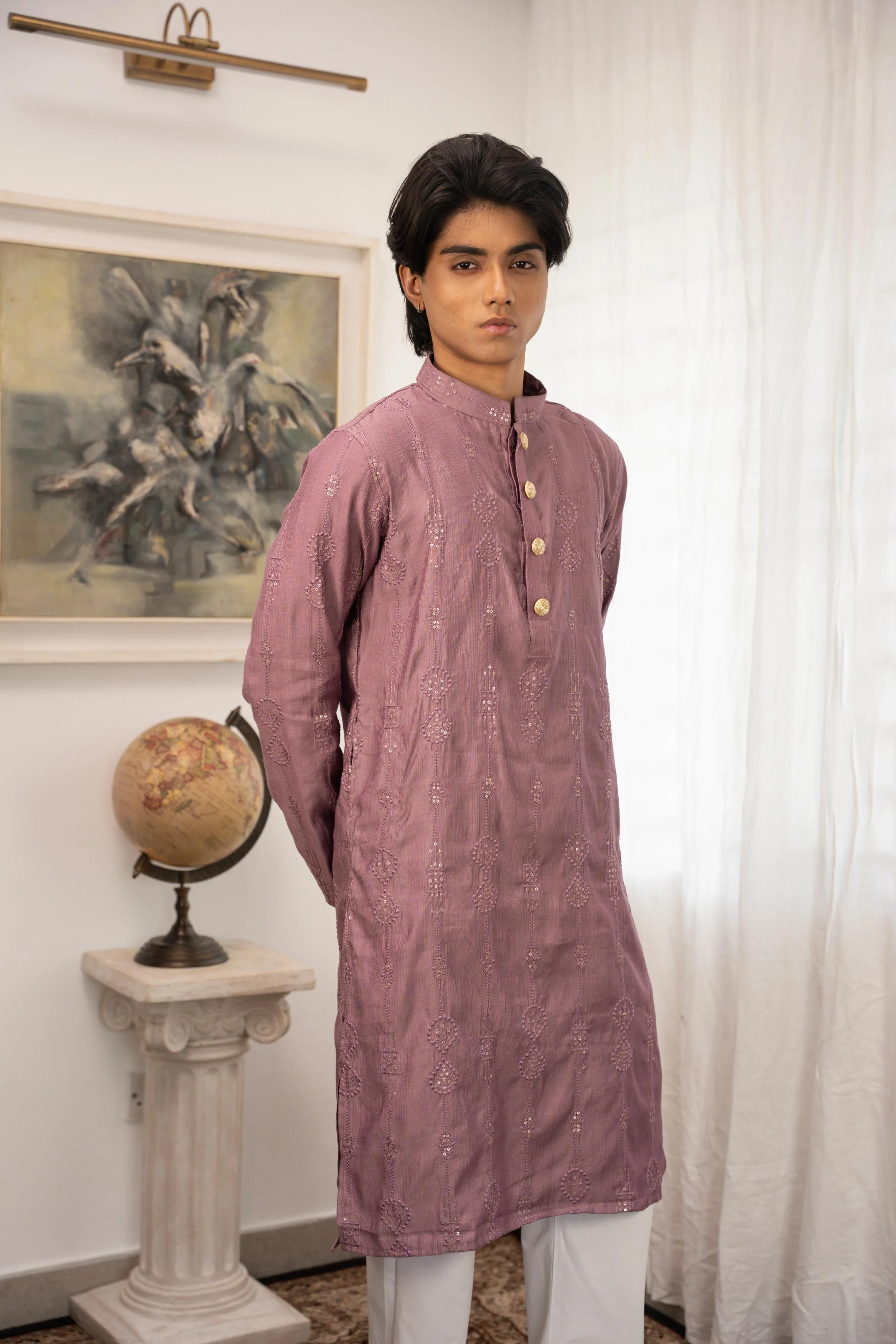 Rehman Embroidered Mauve Panjabi with Gold Buttons - Image 8